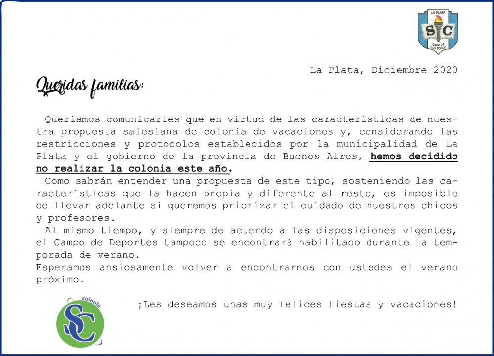 Comunicado a las familias sobre la colonia.